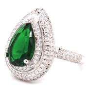 Pear shaped green and round cut white cubic zirconia ring in 925 sterling silver
