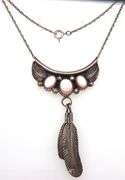 Mother of pearl three stone two feather necklace in sterling silver