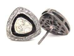 Mine Cut Halo Diamond Earrings with Dark Silver and Diamond Accents