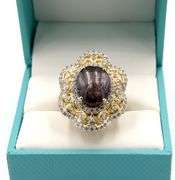 Splendid Massive 14.86CTS Oval Cabochon-Cut Star Ruby & 2.33CTW Round Colorless Sapphires in 14K Gol