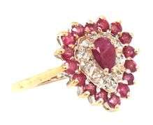 10kt Yellow gold pear shaped and round ruby and diamond accent ring