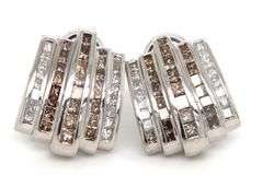 14kt White gold 2.65ctw light brown and white diamond channel set 5 row clip on earrings