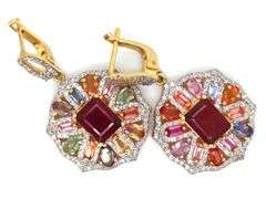 Sparkling 4,00CTW Emerald Cut Ruby, 5.00CTW Multi Color Sapphires and 0.28CTW Diamond Dangle Earring