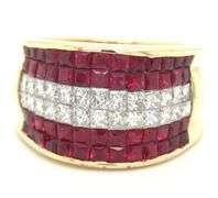 18kt Yellow gold six row ruby and diamond wide band