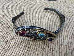 Oxidized & 18k Gold Plated Sterling Silver 925 Cuff Bracelet Adorned with Garnet, Amethyst & Aquamar