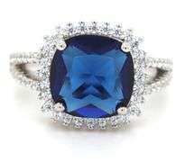 925 Sterling silver cushion cut blue and round brilliant cut white cubic zirconia ring