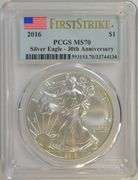 Perfect 2016 First Strike $1 Silver Eagle. PCGS MS70. 30th Anniv