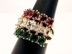 Gorgeous 14 K Yellow Gold Plate Christmas 12.5 Ctw Lab Simulated Ruby, White Diamond and Emerald Rin