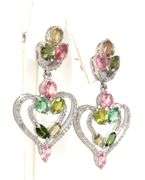 Enamoring 6.80CTW Oval Multi Color Tourmaline & Diamond Heart Shaped Dangle Earrings