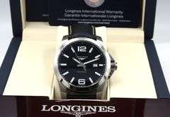 Longines Conquest 43mm black dial on leather strap watch