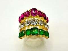 14 Kt Yellow Gold Plate Sparkling 17.5 Ctw Simulated Diamond Pink Sapphire and Emerald Ring