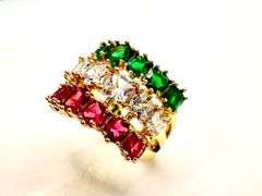 Gorgeous 14 K Yellow Gold Plate Christmas 12 Ctw Lab Simulated Ruby, White Diamond and Emerald Ring