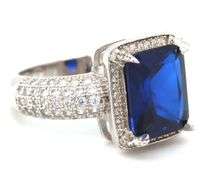 Emerald cut blue cubic zirconia and white CZ ring in 925 sterling silver