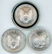 3 Diff. Superb Gem BU $1 Silver Eagles in custom capsules