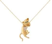 Designs by Slack Irradiated Teal and White Diamond Kitten Pendant Necklace in 18K