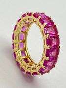 925 Sterling Silver Rose Gold Tone Emerald Cut Pink Color Stone Eternity Band Ring