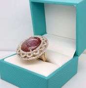 Amazing Huge 25.16CTS Oval Cabochon-Cut Ruby & 2.53CTW Round Faceted Colorless Sapphires Ring in 14K