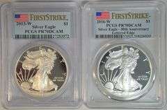 Perfect 2013-W & 2016-W First Strike $1 Silver Eagles. PCGS PR70DCAM
