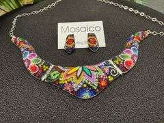 Original Handmade Mosaico Necklace & Earring Set 925 Sterling Silver Mexico Artistic Jewelry