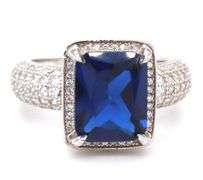 Emerald cut blue cubic zirconia and white CZ ring in 925 sterling silver