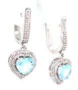 Gorgeous 6.88CTW Heart Shaped Faceted Blue Topaz & Diamond Dangle Earrings in 14K White Gold Over St