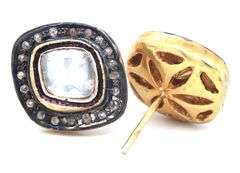 Thick Mine Cut Diamond Earrings with Gold Plated Silver and Diamond Accents