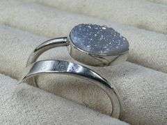 Sterling Silver 925 Titanium Coated Druzy Agate Crystal Stone Ring Adjustable Spoon Band