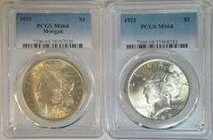 PCGS MS64 graded 1921 Morgan & 1923 Peace Silver Dollar
