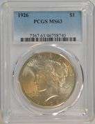 Creamy-white Choice BU 1926 Peace Silver Dollar. PCGS MS63