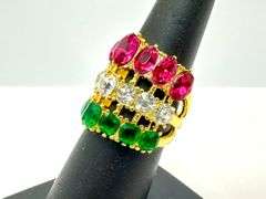 14 Kt Yellow Gold Plate Sparkling 17.5 Ctw Simulated Diamond Pink Sapphire and Emerald Ring