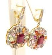 Sparkling 4,00CTW Emerald Cut Ruby, 5.00CTW Multi Color Sapphires and 0.28CTW Diamond Dangle Earring