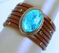 Barse Wide Leather Bracelet with Large Turquoise Stone