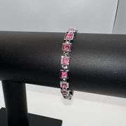 18 Kt White Gold Plated Lab Simulated Pink Sapphire Princess Cut Bracelet