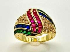 14 Kt Gold Plate 4.75 Ctw Simulated Diamond Ruby Blue Sapphire and Green Emerald Ring