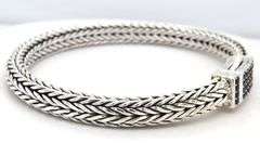 Heavy 925 sterling silver byzantine bracelet with black cubic zirconia clasp