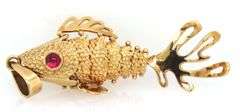 Wonderful 18K YG Italian Made Fish Pendant with Ruby Eyes