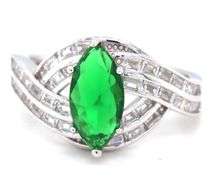 Green marquise and white baguette cubic zirconia ring in 925 sterling silver