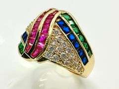 14 Kt. Gold Plate 4.75 Cwt. CZ Red, Blue, and Green Ring