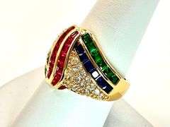 14 Kt Gold Plate 4.75 Ctw Simulated Diamond Ruby Blue Sapphire and Green Emerald Ring