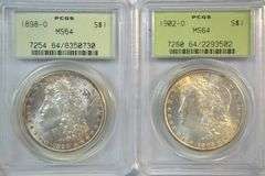 Old Green Label PCGS MS64 1898-O & 1902-O Morgan Silver Dollars