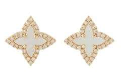 New 1.11ctw Mother of Pearl and 0.21ctw Clover Frame Flower Shaped Stud Earrings in 14K