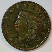 Very attractive and scarce 1822 Coronet Large Cent in AU