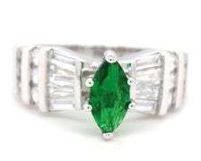 925 Sterling silver green marquise and white baguette and round cut cubic zirconia ring
