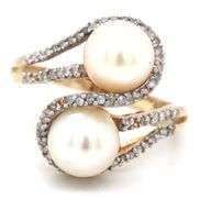14kt Yellow gold 7-7.5mm double pearl and diamond loop ring
