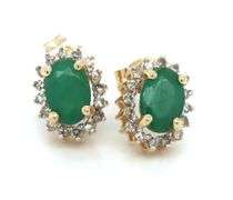 14kt Yellow gold Oval emerald and diamond halo stud earrings