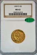Very Choice BU 1909-D $5 Indian Gold Piece. NGC MS62 CAC Sticker