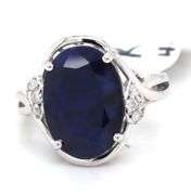 Exquisite 5.79CTS Oval Faceted Blue Sapphire & Diamond Ring in Sterling Silver