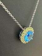 Sterling Silver Blue Topaz & Peridot Halo Pendant Necklace – Elegant Sparkling Design