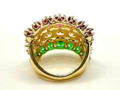 Gorgeous 14 K Yellow Gold Plate Christmas 12 Ctw Lab Simulated Ruby, White Diamond and Emerald Ring