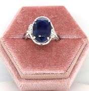 Exquisite 5.79CTS Oval Faceted Blue Sapphire & Diamond Ring in Sterling Silver